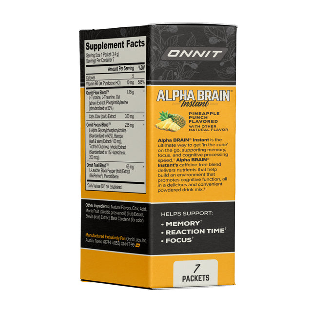 ONNIT Alpha BRAIN Instant Nootropic Brain Pineapple Punch Drink Mix, Memory/Focus Supplement, 7 Ct