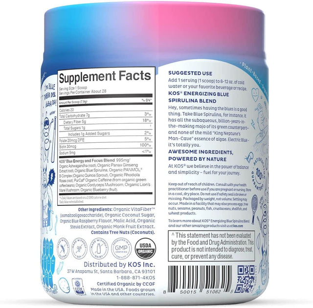 KOS USDA Organic Energizing Blue Spirulina Blend - 70 Mg Organic Caffeine, B-Complex, Ashwagandha Root, Ginseng, Mushroom - Plant Based, Vegan Pre Workout Powder - Blue Raspberry Flavored, 28 Servings