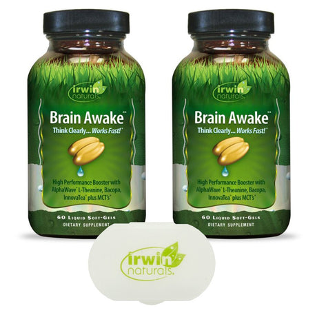 Irwin Naturals Brain Awake, Focus, Energy Booster Supplement with MCT Oil - 60 Liquid Soft-Gels (2 Pack 120 Total) Bundle with a Lumintrail Pill Case