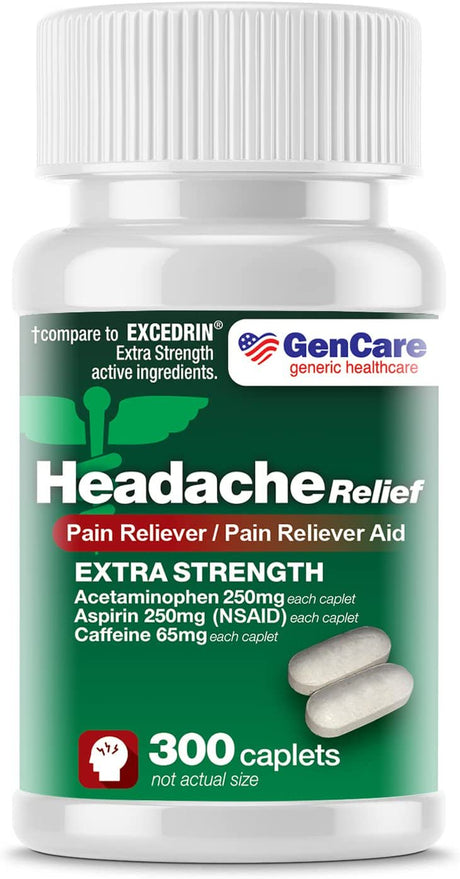 Gencare Headache Relief Pills Acetaminophen with Aspirin & Caffeine, 300 Caplets