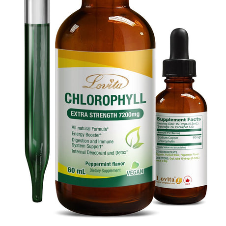 Lovita Liquid Chlorophyll 7200Mg, All Natural Formula of Chlorophyll Liquid Drops with Copper for Digestion, Immune System Support, Internal Deodorant & Deoxidant, 2 Fl Oz