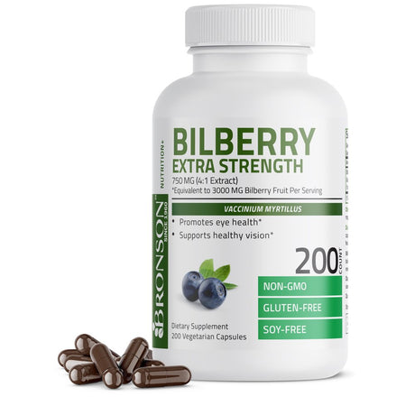 Bronson Bilberry Extra Strength 3000 Mg per Serving Vaccinium Myrtillus, Promotes Eye Health and Supports Healthy Vision - Non GMO, 200 Vegetarian Capsules