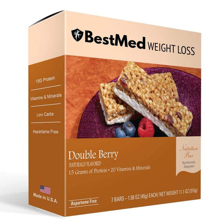 Bestmed - High Protein Nutrition Bar - Low-Carb, 15G Protein, Low Sugar, High Fiber, Low Calorie, Meal Replacement Bar (Double Berry, 1 Box - 7 Count)