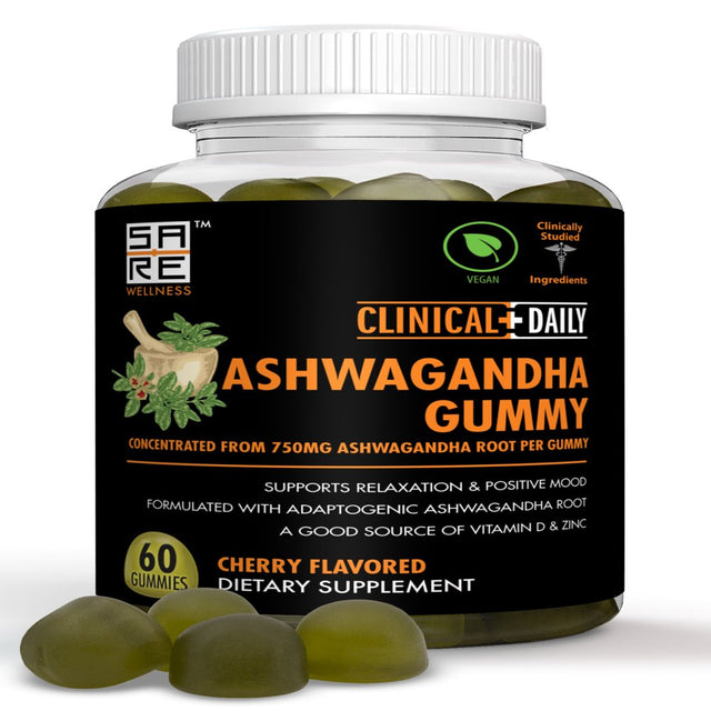 CLINICAL DAILY Ashwagandha Gummies for Women and Men - with Vitamin D and Zinc. Pure Ashwagandha Root Extract 30:1 Concentrate - Ashwagandha Complex Supplement for Sleep, Stress, Mood Support. 60 Ct