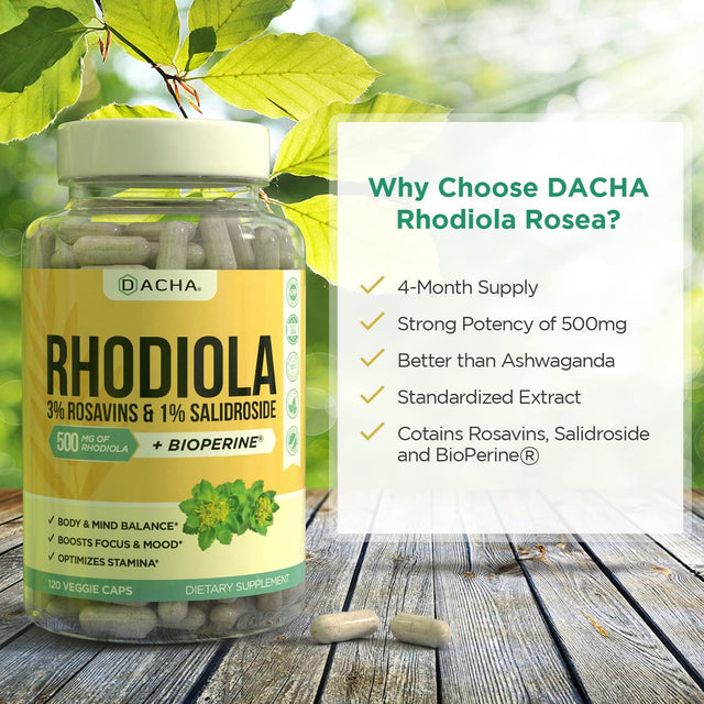 Natural Rhodiola Rosea Supplement – 120 CAPS 500Mg, 3% Rosavins 1% Salidroside, Full 4-Month Supply, Bioperine Enhanced Absorbtion, Mood, Focus, and Brain Booster, Clarity & Stress Support