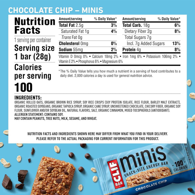 CLIF BAR - Chocolate Chip - Full Size and Mini Energy Bars - Made with Organic Oats - Non-Gmo - Plant Based - Amazon Exclusive - 2.4 Oz. and 0.99 Oz. (20 Count)