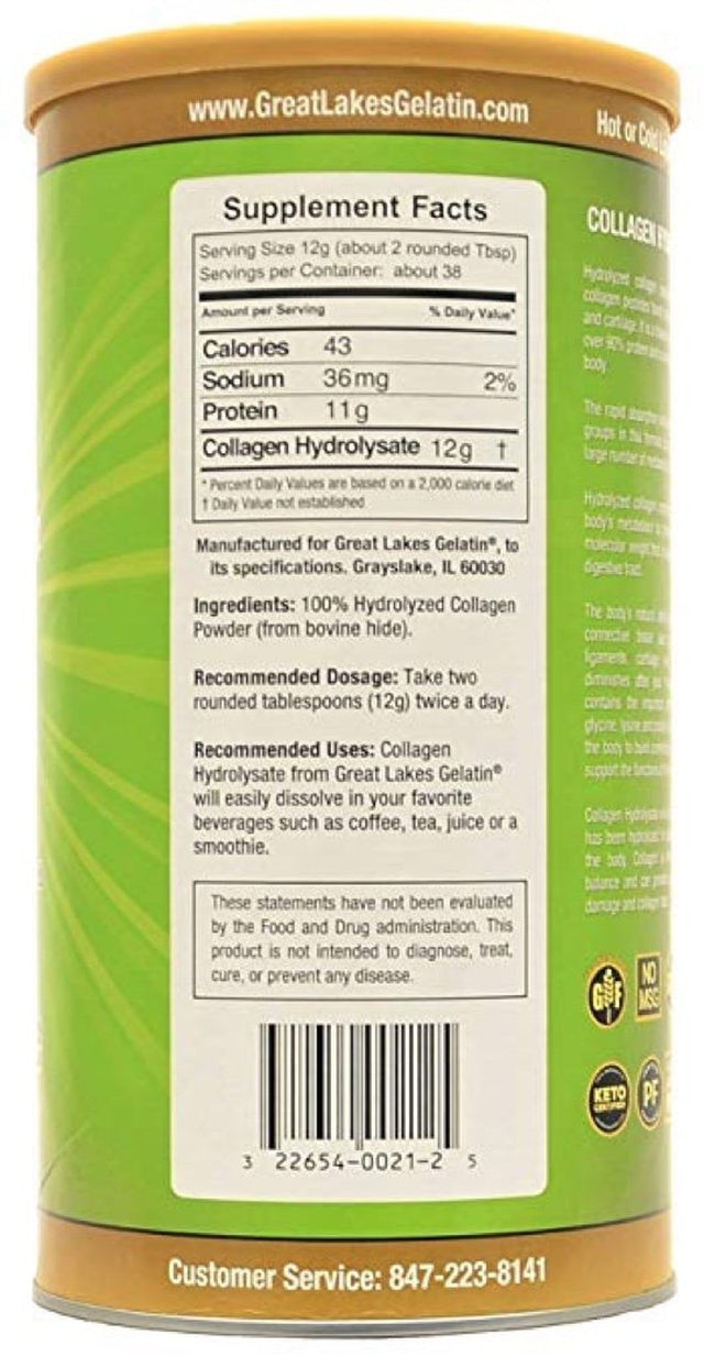 Great Lakes Gelatin, Pasture-Raised Grass-Fed, Collagen Hydrolysate, Collagen Peptides, Non GMO, 16 Oz, 2-Pack