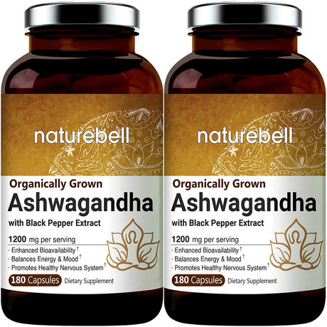 2 Pack Ashwagandha Capsules with Black Pepper Extract, 1200Mg per Serving, 180 Counts per Bottle, Made in USA.