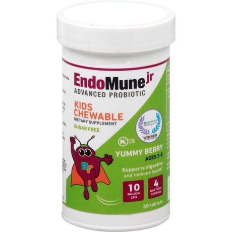 Endomune Advanced Probiotic with Prebiotic 10 Billion CFU 4 Strains - Supports Digestive & Immune Health for Kids (0-3 Years), Vegan and Gluten Free, Yummy Berry - 30 Chewable Tablets (2 Month Supply)