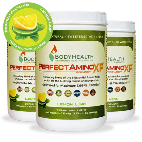 Bodyhealth Perfectamino XP Lemon Lime (60 Servings), Best Pre/Post Workout Recovery Drink, 8 Essential Amino Acids Energy Supplement with 50% Bcaas, 100% Organic, 99% Utilization