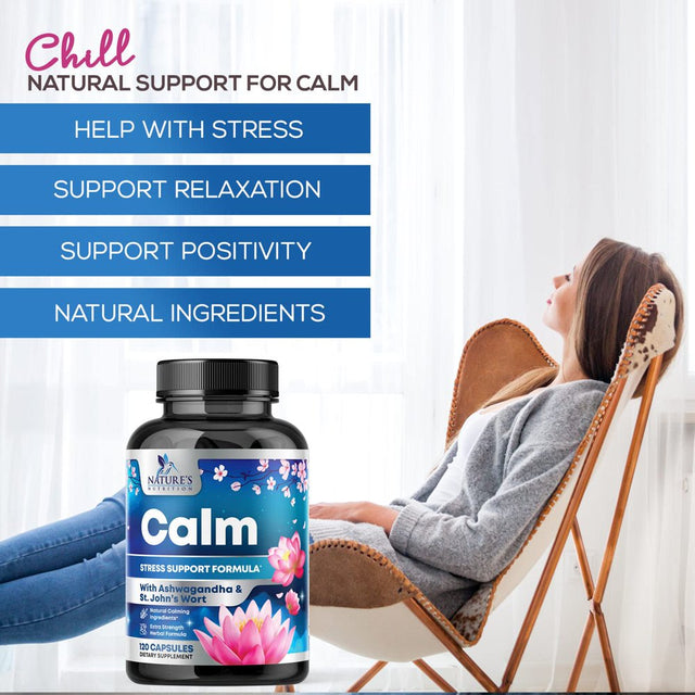 Nature'S Nutrition Calm & Stress Support Supplement - with Magnesium, Ashwagandha, 5-HTP, L-Theanine, GABA - Natural Stress & Immune Support to Relax, Focus, Unwind - Vegan & Non-Gmo - 120 Capsules