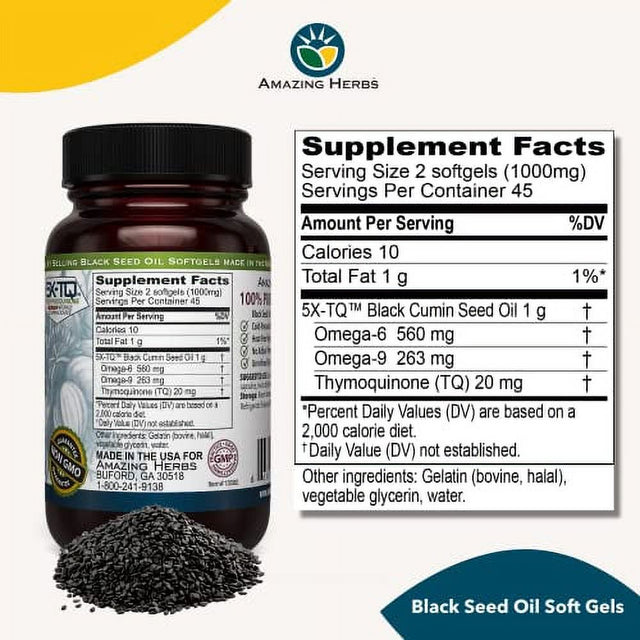 Amazing Herbs Premium Black Seed Oil Capsules - Cold Pressed Nigella Sativa Aids in Digestive Health, Immune Support, Brain Function, Gluten Free, Non GMO - 90 Count, 500Mg