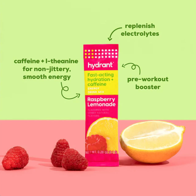 Hydrant Energy 30 Stick Pack, Caffeine & L-Theanine Rapid Hydration Mix, Electrolyte Hydration Powder Packets with Zinc (Raspberry Lemonade, 30 Count)