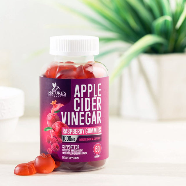 Vegan Apple Cider Vinegar Gummies 1000Mg for Detox and Cleanse, Nature'S ACV Gummy Vitamins B12 Supplement for Digestion, Natural Apple Raspberry Flavor, Non-Gmo, Gluten Free for Adults - 60 Gummies