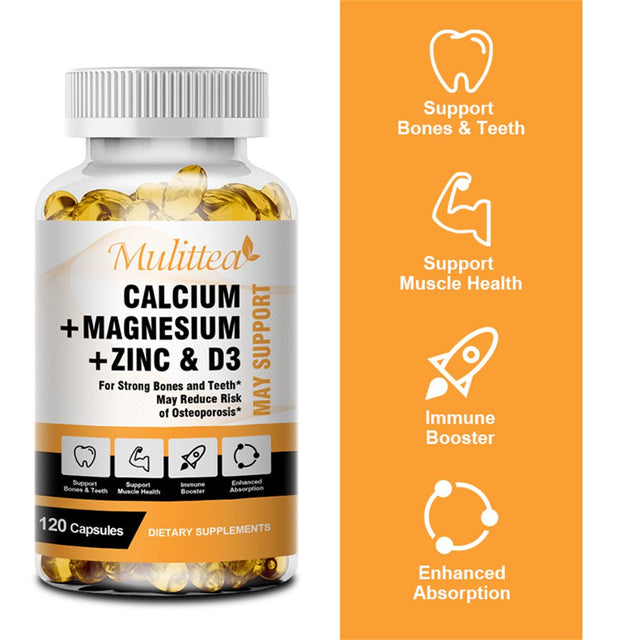 Mulittea Calcium Magnesium Zinc with Vitamin D3 Supplement, Strong Bones, Teeth & Heart, Easy to Swallow, 120 Capsules