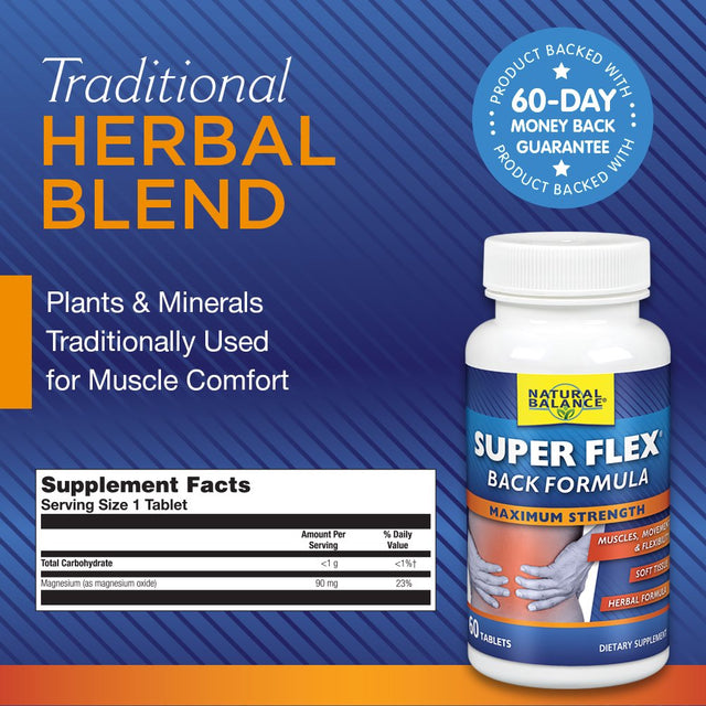 Natural Balance Super Flex Back | Herbal Supplement Supports Lower Back Muscle Comfort | Features Turmeric, Ginger, Glucosamine, MSM & Kava | 60 Ct