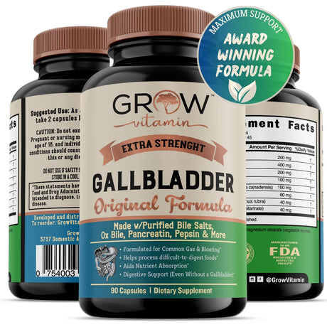 Grow Vitamin Gallbladder Formula Extra Strength - Made W/Purified Bile Salts & Ox Bile Digestive Enzymes - Includes Carefully Selected Digestive Herbs - Full 45 Day Supply - 90 Capsules