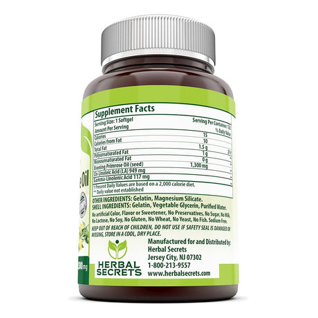 Herbal Secrets Evening Primrose Oil Supplement - High Potency- Contain 9% Gamma Linoleic - 1300Mg per Softgels - 120 Easy to Swallow Softgels per Bottle