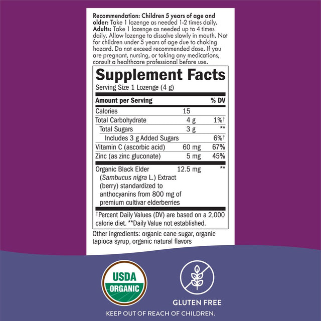 Sambucus Organic Zinc Lozenges with Elderberry and Vitamin C, Berry Flavored, 24 Count