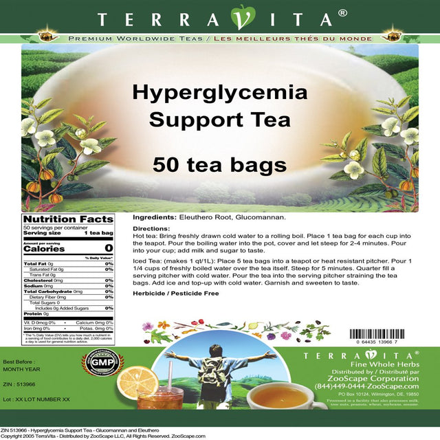 Terravita Hyperglycemia Support Tea - Glucomannan and Eleuthero, (Herbal Tea Bags, 50 Tea Bags, 1-Pack, Zin: 513966)