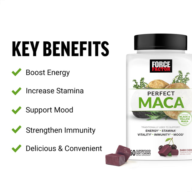 Force Factor Perfect Maca, Maca Root and DIM Supplement with Saffron to Boost Energy and Mood, with Yellow and Black Maca, Vitamins, Minerals, and Antioxidants, Dark Cherry Flavor, 60 Soft Chews