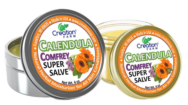 Creation Farm Calendula Comfrey Salve Jar 4 Oz, Herbal Skin Rash Ointment, Wound Treatment