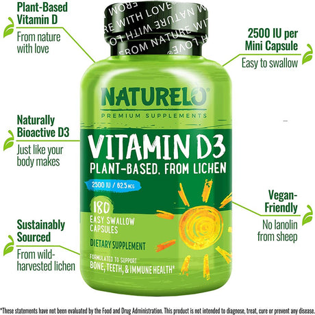 NATURELO Vitamin D3 - 2500 IU - Plant Based from Lichen - Natural Vegan D3 Supplement for Immune System, Bone Support, Joint Health - Non-Gmo - Gluten Free - 180 Mini Capsules