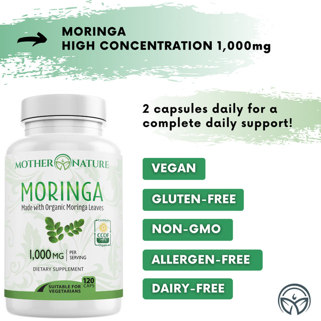 Moringa Capsules 1000Mg, Organic Certified Moringa Leaves Powder - Greens Superfood Powder Herbal Supplement - Energy, Focus, Lactation Support, Vitamin C for Immune Support - Vegan, Non-Gmo (120 )