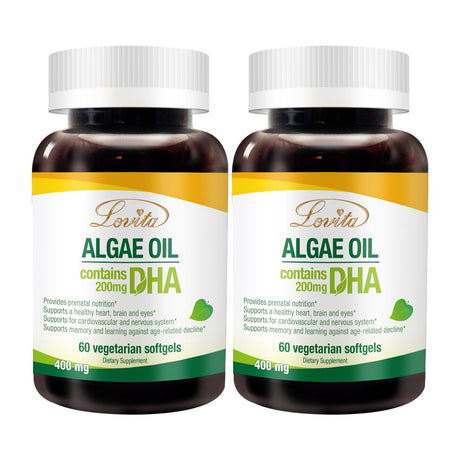 Lovita Algae Oil, Plant Based DHA Alternative to Fish Oil, Vegan Omega 3 with DHA 200 Mg, Supports Heart, Brain & Joint Health, 60 Vegetarian Softgels (Pack of 2)