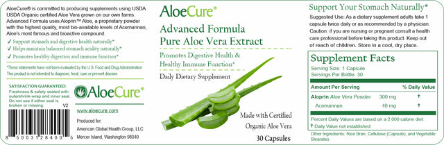 Aloecure Organic Aloe Vera Capsules, 130,000Mg Equivalent per Capsule, Trial Size (30 Capsules), Natural Stomach Acid Buffer, Vegan Digestive & Immune Supplement, Grown on Organic Farms - Aloin Free