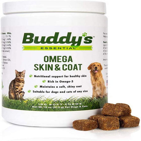 Buddy'S Essential Dog and Cat Soft Chew Vitamin Supplement for Skin and Fur Coat Health Support- 180 Soft Chews- Rich in Salmon Oil Omega 3 and 6 Fatty Acids, EPA, DHA- Natural Taste, Made in USA