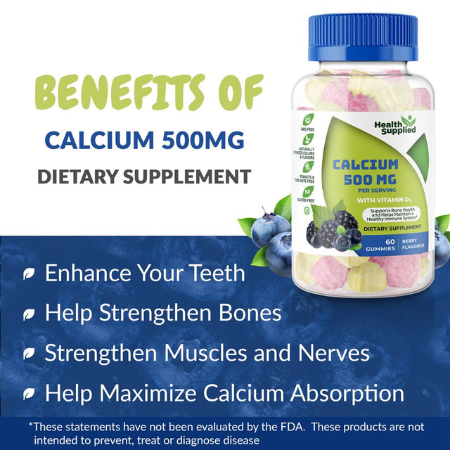 Calcium 500Mg with Vitamin D3 1000 IU Gummies 2 Pack | Great Tasting Natural Berry Flavor