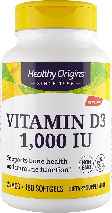 Healthy Origins Vitamin D3 1,000 IU (Non-Gmo, Bone Support, Immune Support, Gluten Free), 180 Softgels