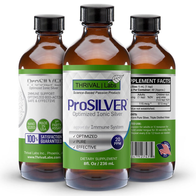 Prosilver Ionic Silver Liquid, Optimized 20 PPM Bio-Active Liquid Silver for Immune Support, Maximum Absorption Ionic Silver in Dark Glass Bottle with Dropper, 48 Servings, 8Oz - Thrival Labs