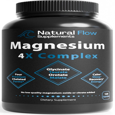 Natural Flow Supplements 4X Magnesium Glycinate, Taurate, Malate, Orotate Complex for Calm Sleep, 120 Caps