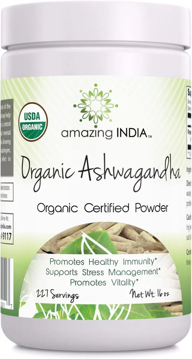 Amazing India Organic Ashwagandha, Organic Certified Powder, 16 Oz (454 G)