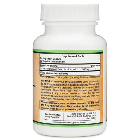 Uridine Monophosphate - Third Party Tested (Choline Enhancer, Beginner Nootropic) 300Mg, Manufactured in USA (60 Capsules) Synergy with Alpha GPC Choline for Brain Health and Memory by Double Wood 60 Count (Pack of 1)