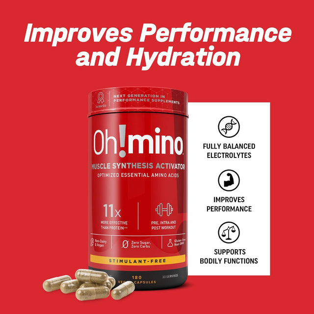 Oh!Mino Amino Acids Supplement, Ultimate Muscle Synthesis Activator, Pre and Post Workout Vitamins for Body Conditioning and Muscle Recovery, 180 Vegan Muscle Builder Capsules - Oh!Nutrition