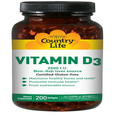 Country Life Vitamin D3, 62.5 Mcg (2,500 I.U.), 200 Softgels