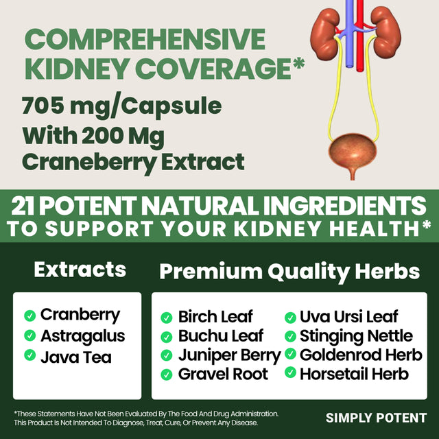 Kidney Support, Cleanse & Detox Supplement, High Potency 705Mg Capsules Contain 21 Herbs Including Cranberry, Birch, Buchu, Uva Ursi & Astragalus to Support for Kidney, Bladder & Urinary Tract Health