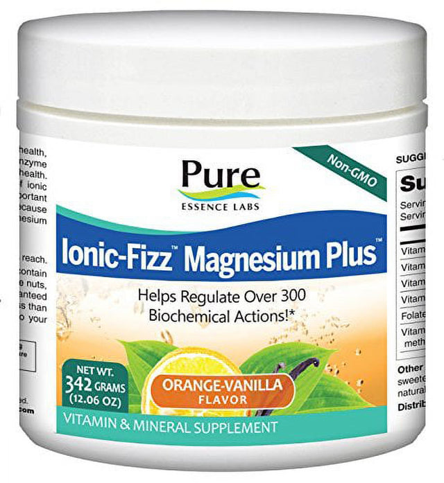 Pure Essence Labs Ionic Fizz Magnesium plus - Calm Sleep Aid and Natural anti Stress Supplement Powder - Orange Vanilla - 12.06Oz