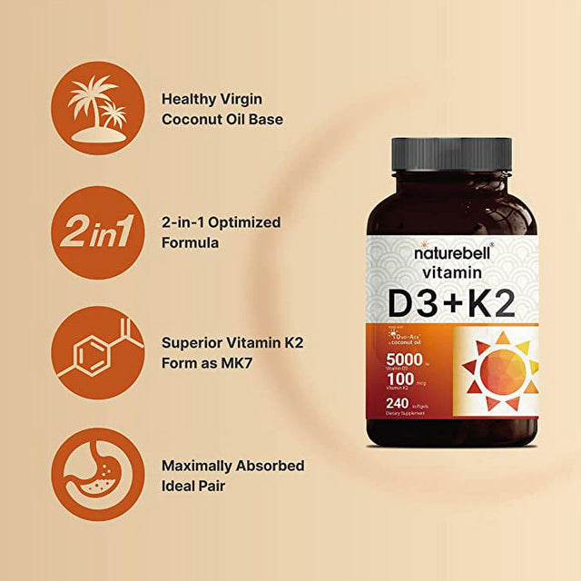 Naturebell Vitamin D3+K2, 5000 Iu+100Mcg K2, 240 Softgels, 2 in 1 Formula with Coconut Oil