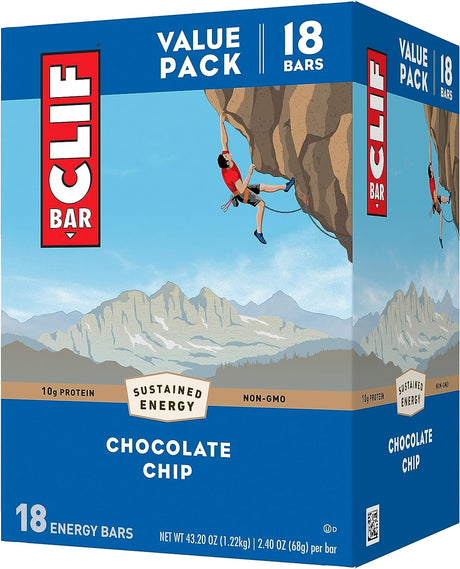 CLIF BAR - Chocolate Chip - Made with Organic Oats - 10G Protein - Non-Gmo - Plant Based - Energy Bars - 2.4 Oz. (18 Pack)