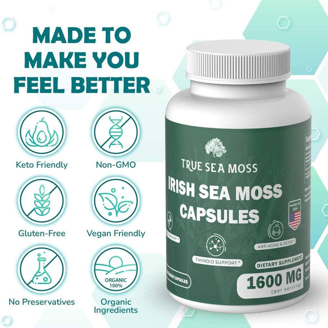 Trueseamoss Sea Moss 1600Mg - 120 Capsules - Prebiotic Super Food Boosts the Immune System & Digestive Health - Thyroid, Healthy Skin, Keto Detox, Gut, Joint Support