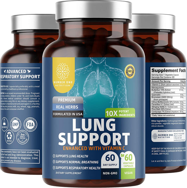 Number One Nutrition N1N Premium Lung Support Supplement [10 Potent Ingredients] Natural Lung Cleanse & Detox with Quercetin, Bromelain and Vitamin C to Help Support Respiratory Health, 60 Veg Caps