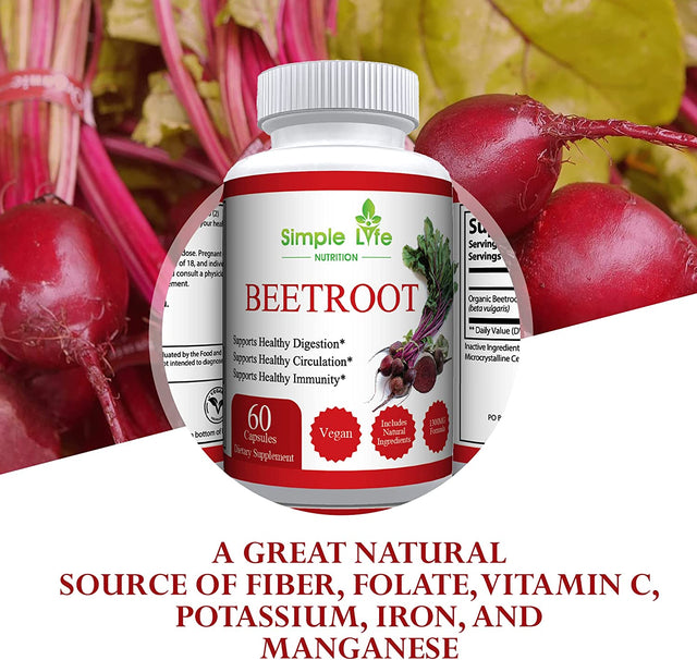 Organic Beet Root Powder Capsules - Nitric Oxide Booster for Men & Women - Organic Non-Gmo Gluten Free Vegan Beets - 60CT