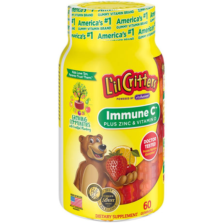 L’Il Critters Immune C Daily Gummy Supplement Vitamin for Kids, for Vitamin C, D and Zinc for Immune Support, Orange, Lemon and Cherry Flavors, 60 Gummies