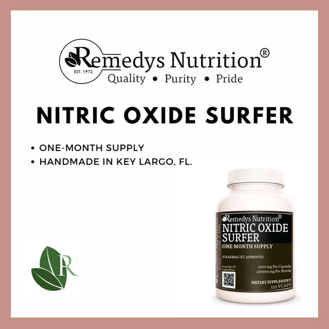 Remedy'S Nutrition Nitric Oxide Surfer 1,000Mg Vegan Capsules Dietary Supplement - Non-Gmo, Gluten Free, Dairy Free - One Month Supply (120 Count)