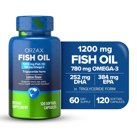 ORZAX Omega 3 Fish Oil - EPA DHA Omega 3 Supplement - Heart, Eye, Joint, and Nerve & Brain Supplement - Lemon - 120 Softgels Capsules