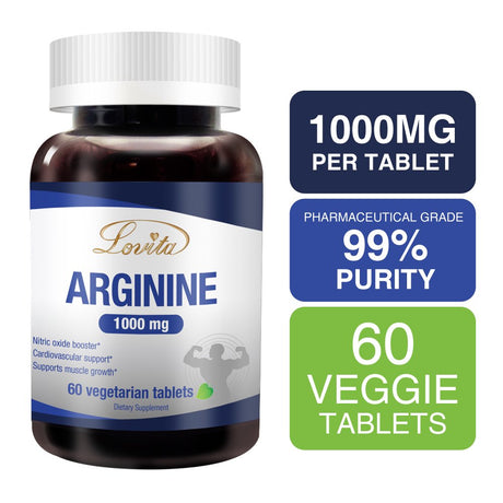 Lovita L-Arginine 1000Mg, Fermented Vegan Amino Acid, Nitric Oxide Supplement for Muscle Growth, Vascularity and Energy, 60 Vegetarian Tablets (Pack of 3)